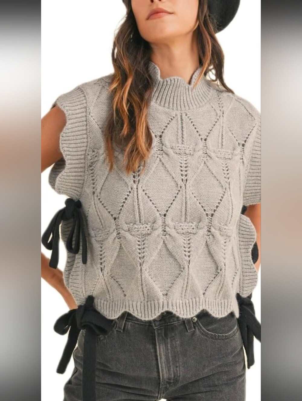 MABLE Scalloped Hem Cable Pointelle Mock Neck Sweater Vest - Light Gray Large
